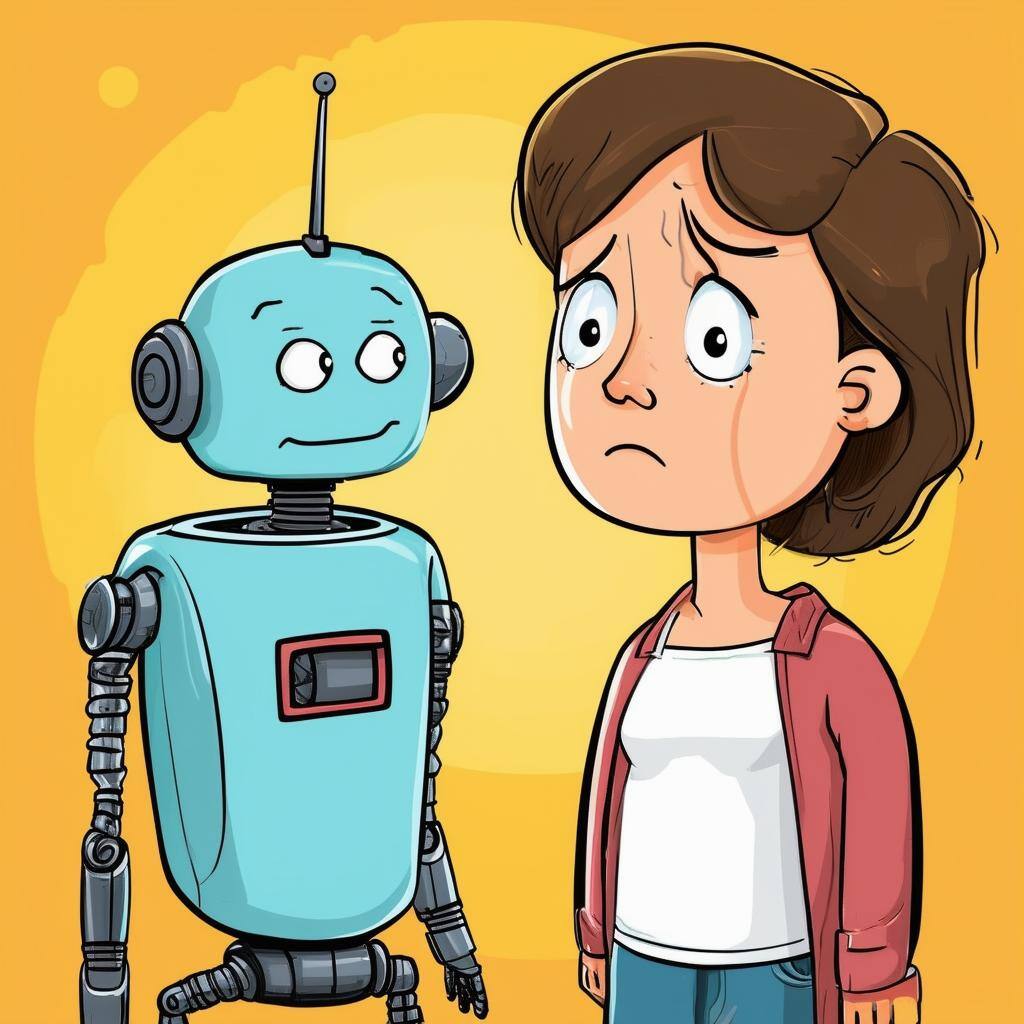 A worried person standing next to a robot with a friendly expression