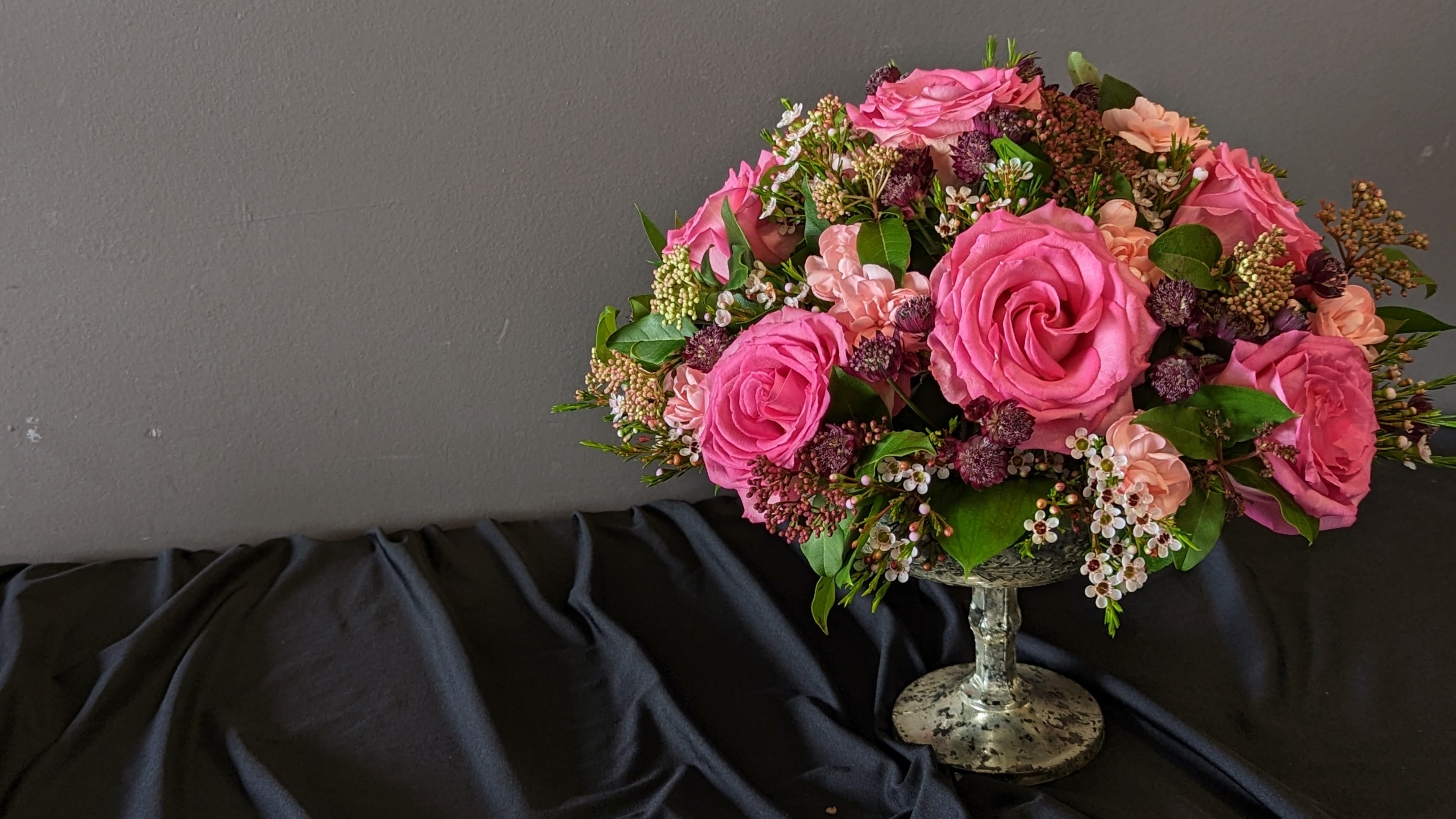 Pink Roses in a Silver Footed Vase