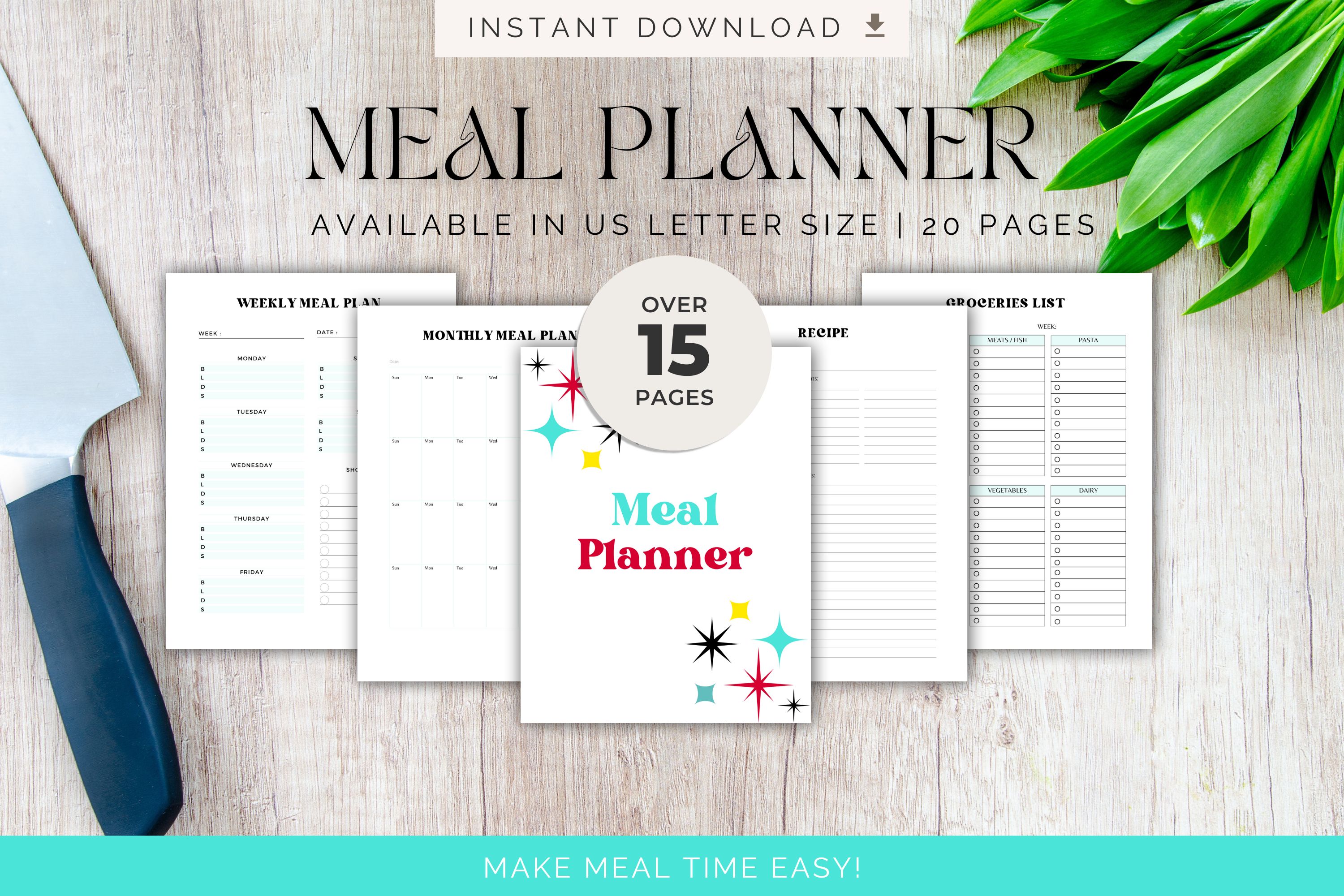 preview of retro meal planner on wood background