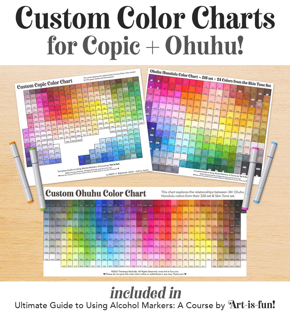 Custom Copic color chart, custom Ohuhu color chart from the Ultimate Guide to Using Alcohol Markers