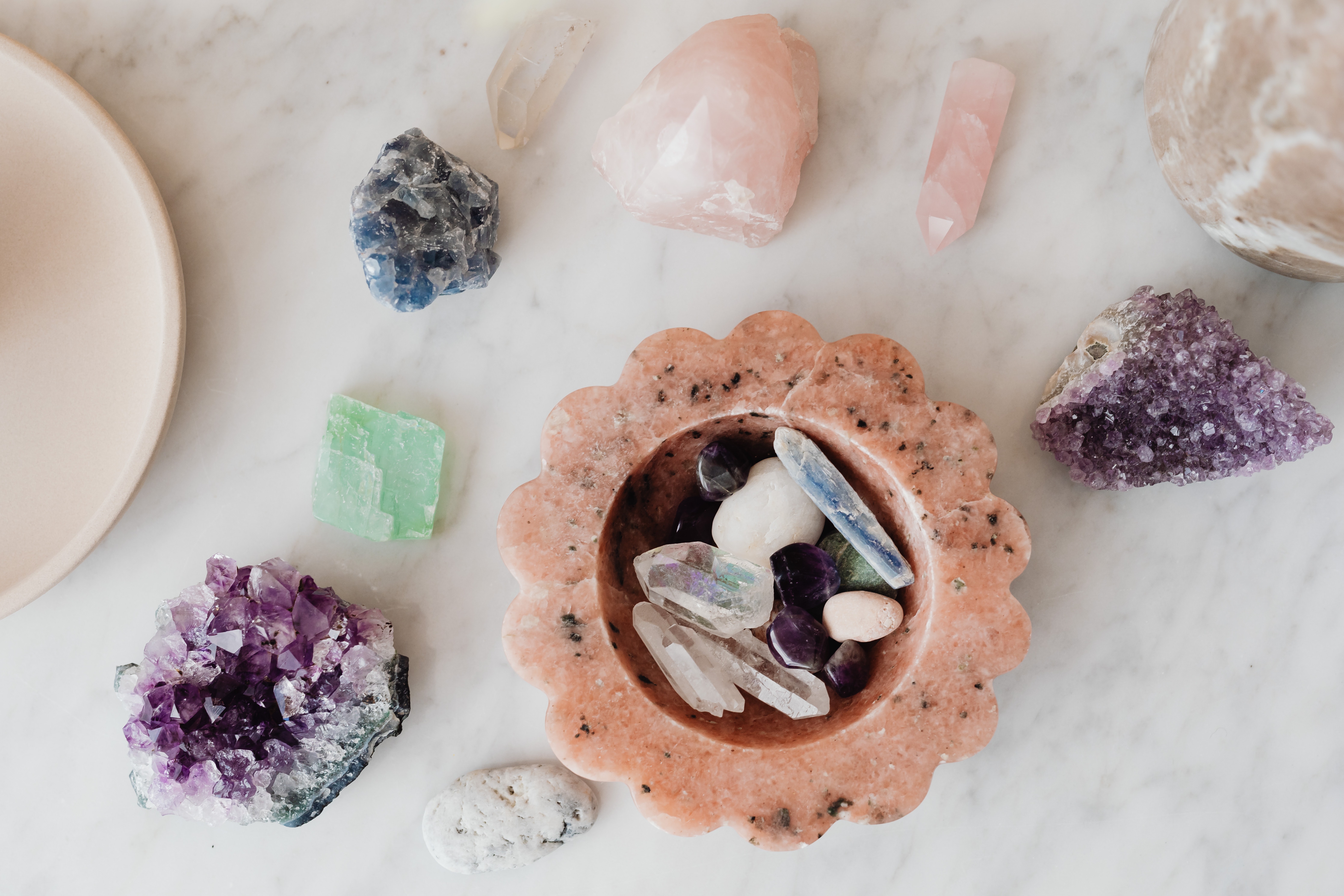 pink bowl of sparkling crystals, amethyst, 