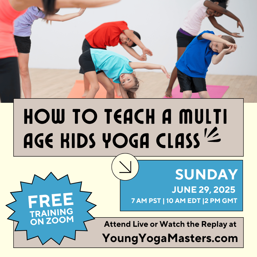 decorative text with a photos of 4 children doing a side body stretch in a ygoa class setting