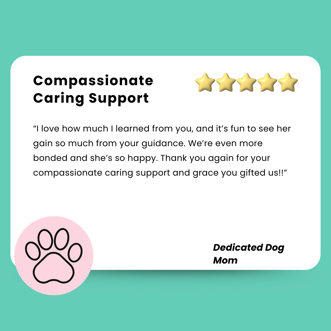 Client testimonial: I love how much I learned from you, and it's fun to see her gain so much from your guidance.  We're even moer bonded and she's so happy. Thank you again for your compassionate caring support and grace you gifted us!