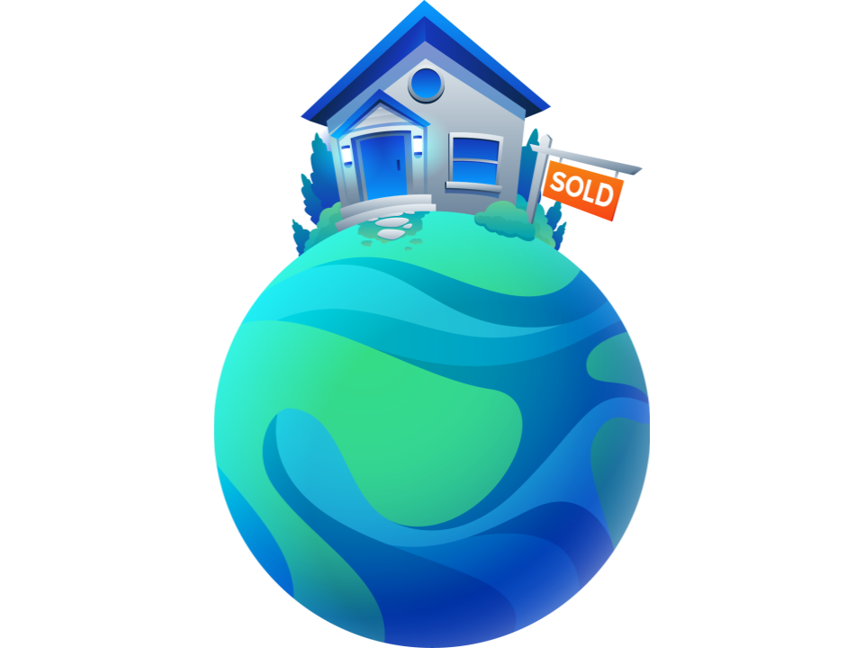 Illustration of a house with a Sold sign atop a small planet