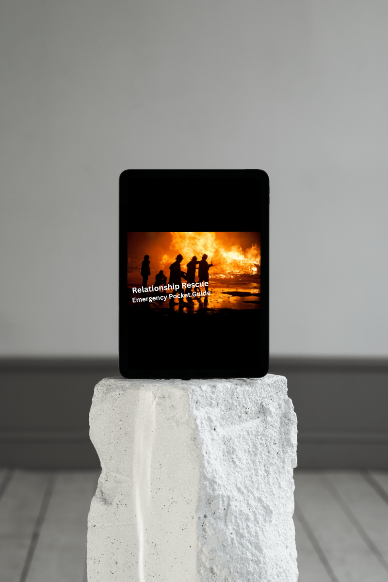 Tablet with Relationship Rescue playing while sitting on a white pillar.