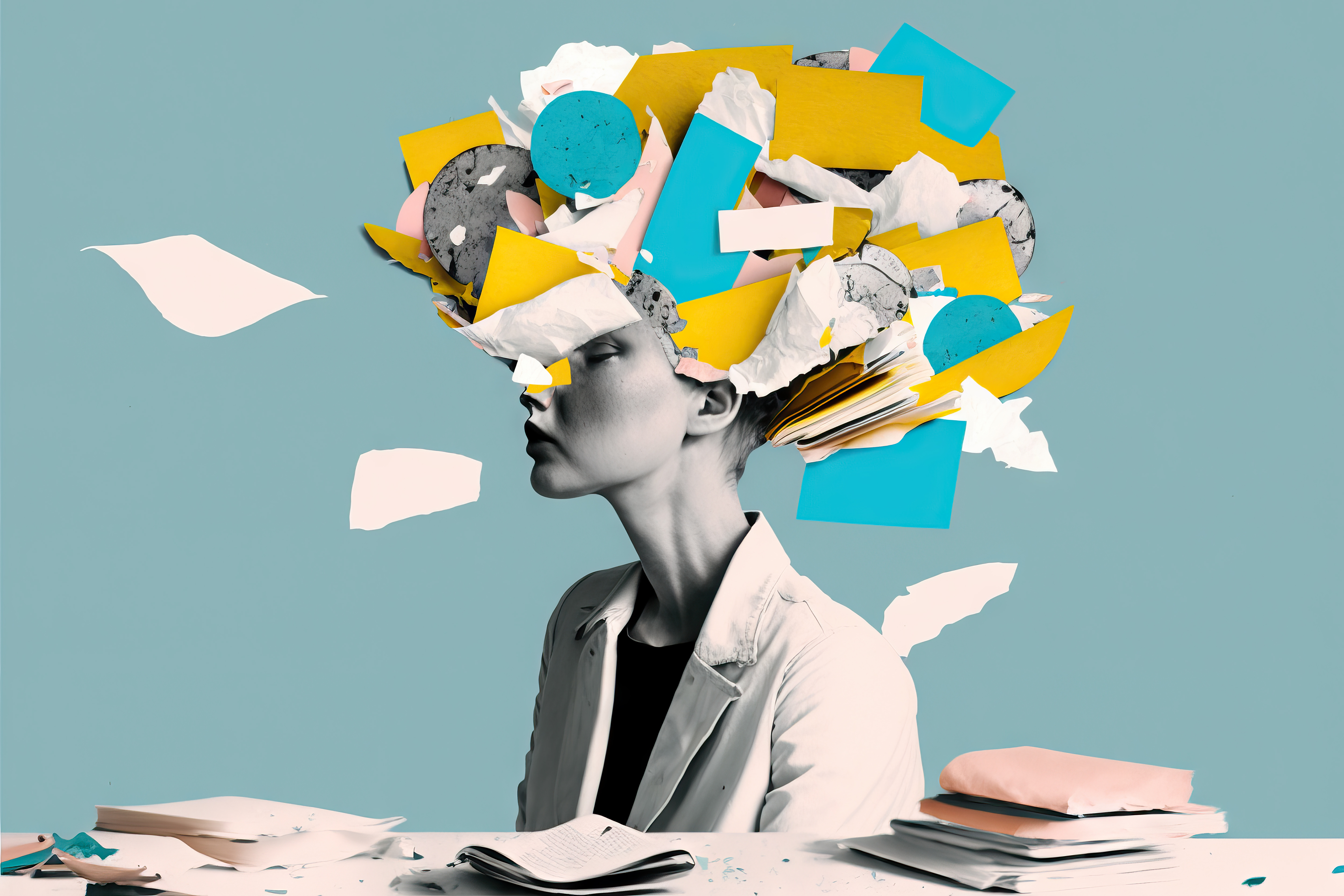 a woman in profile with a chaotic pile of post-it notes and documents weighing her down