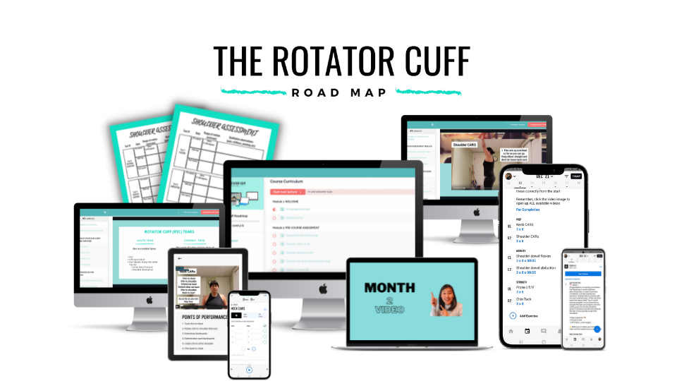 Image of a print out shoulder assessment, desktop screen with course curriculum, desktop screen with exercise video, phone screen with exercise calendar, phone screen with exercise sets and reps