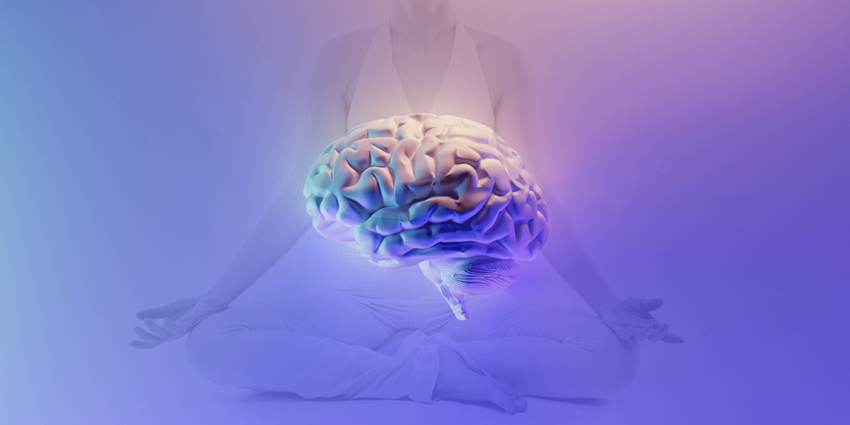 Human Brain over a person meditation in lotus pose.