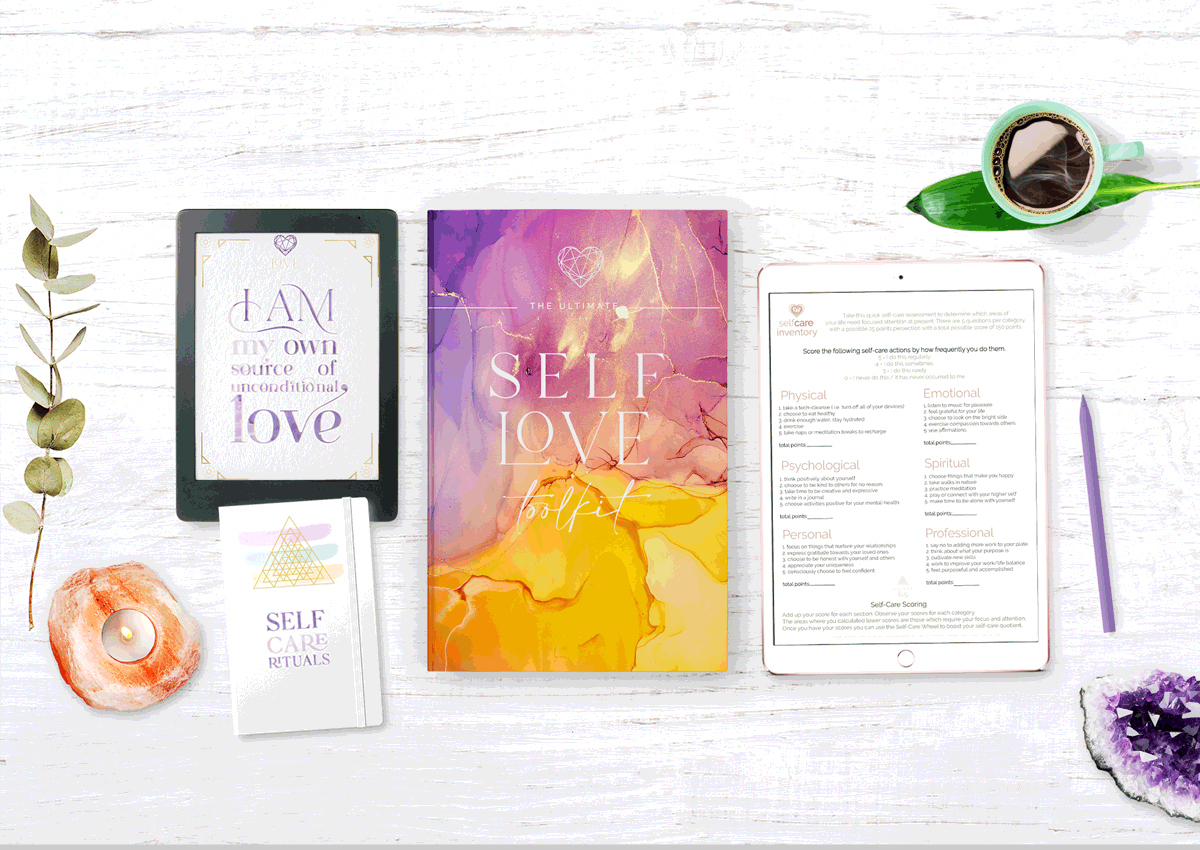 the ultimate self-love toolkit includes: a self-love coaching session, 2 journal exercises, 2 affirmation cards, 1 self-care inventory assessment, 2 self-love ritual wheels, 1 habit tracker, 5 exclusive meditations for self-love, 46 page guidebook