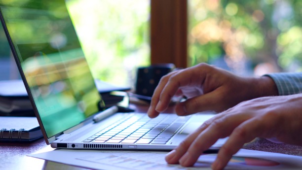 Image of hands typing on a laptop, with green light from plants outside the window reflected on the laptop screen