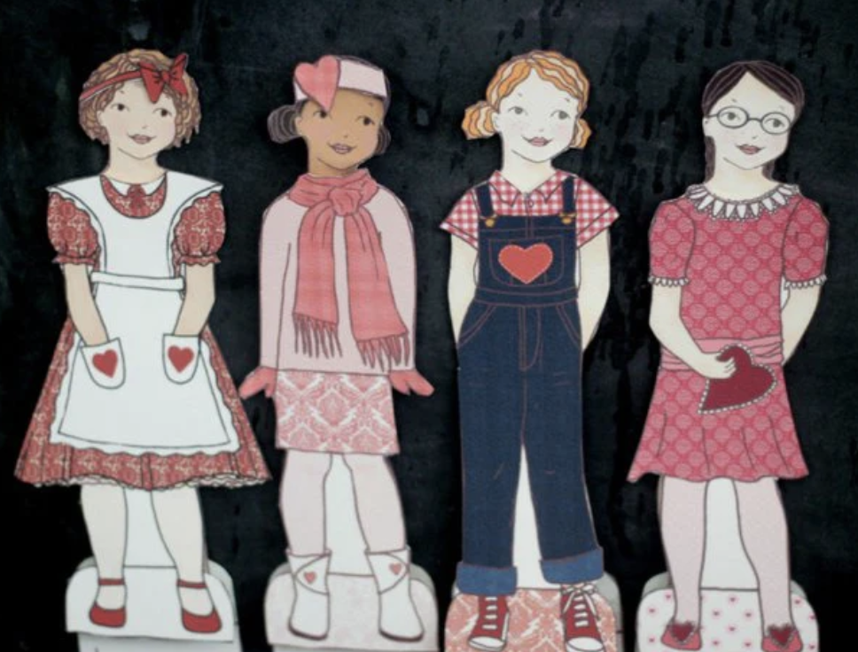 Four Paper Dolls dressed in Valentine&#39;s Day outfits