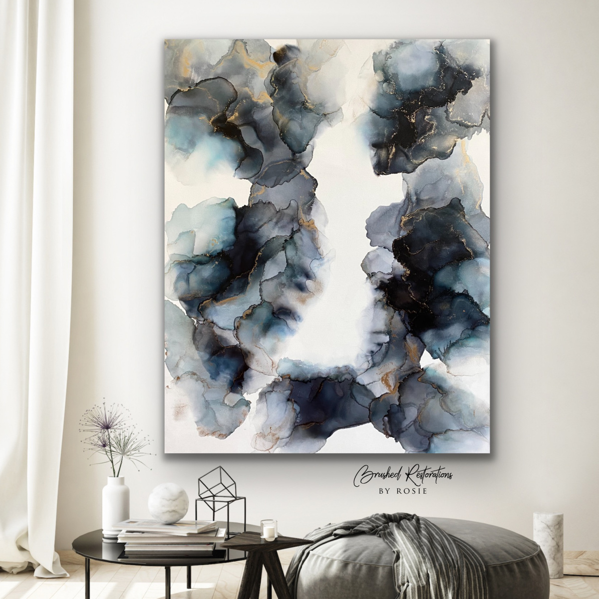 Chic abstract alcohol ink painting with moody blues and gold highlights, representing online alcohol ink art tutorials.