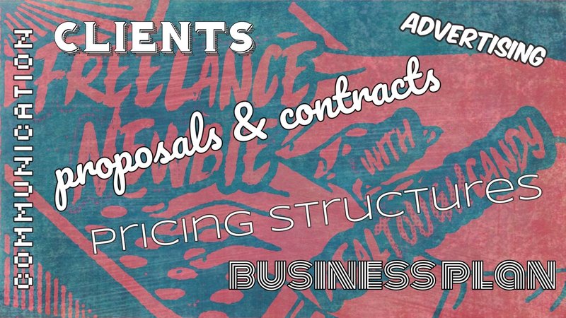 art canvas with various words about freelancing like business plan, clients, advertising and communication