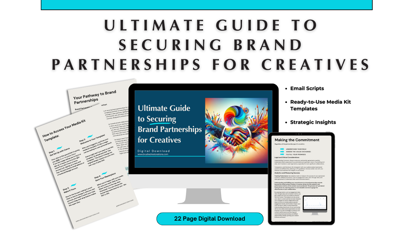 Promotional graphic for the Ultimate Guide to Securing Brand Partnerships, featuring a 22-page digital download visual. The guide is displayed on a computer monitor, accompanied by an iPad and documents, highlighting key components like email scripts, media kit templates, and strategic insights for creatives seeking brand collaborations.