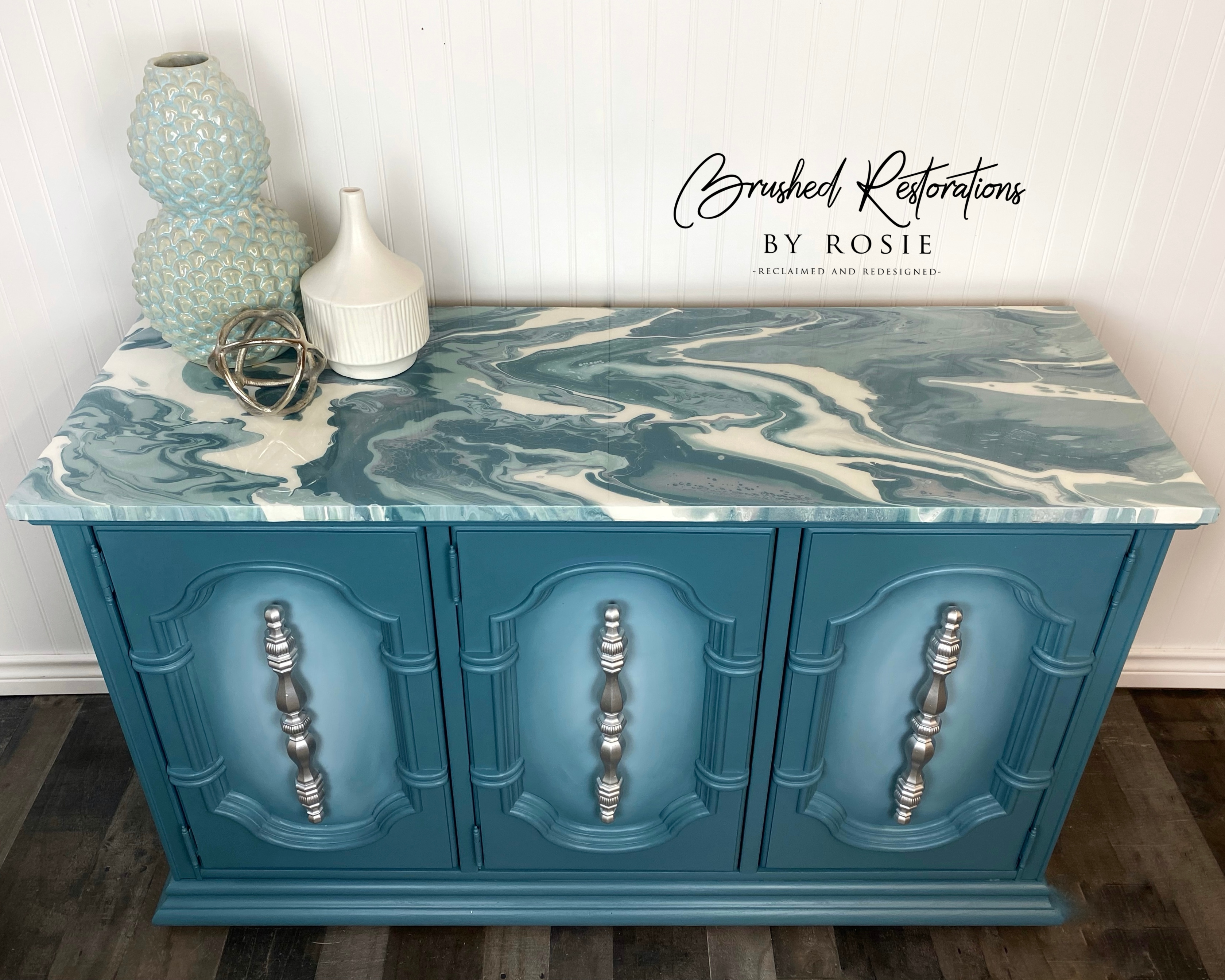 Paint pour on top of a buffet/sideboard table with a top coat of resin