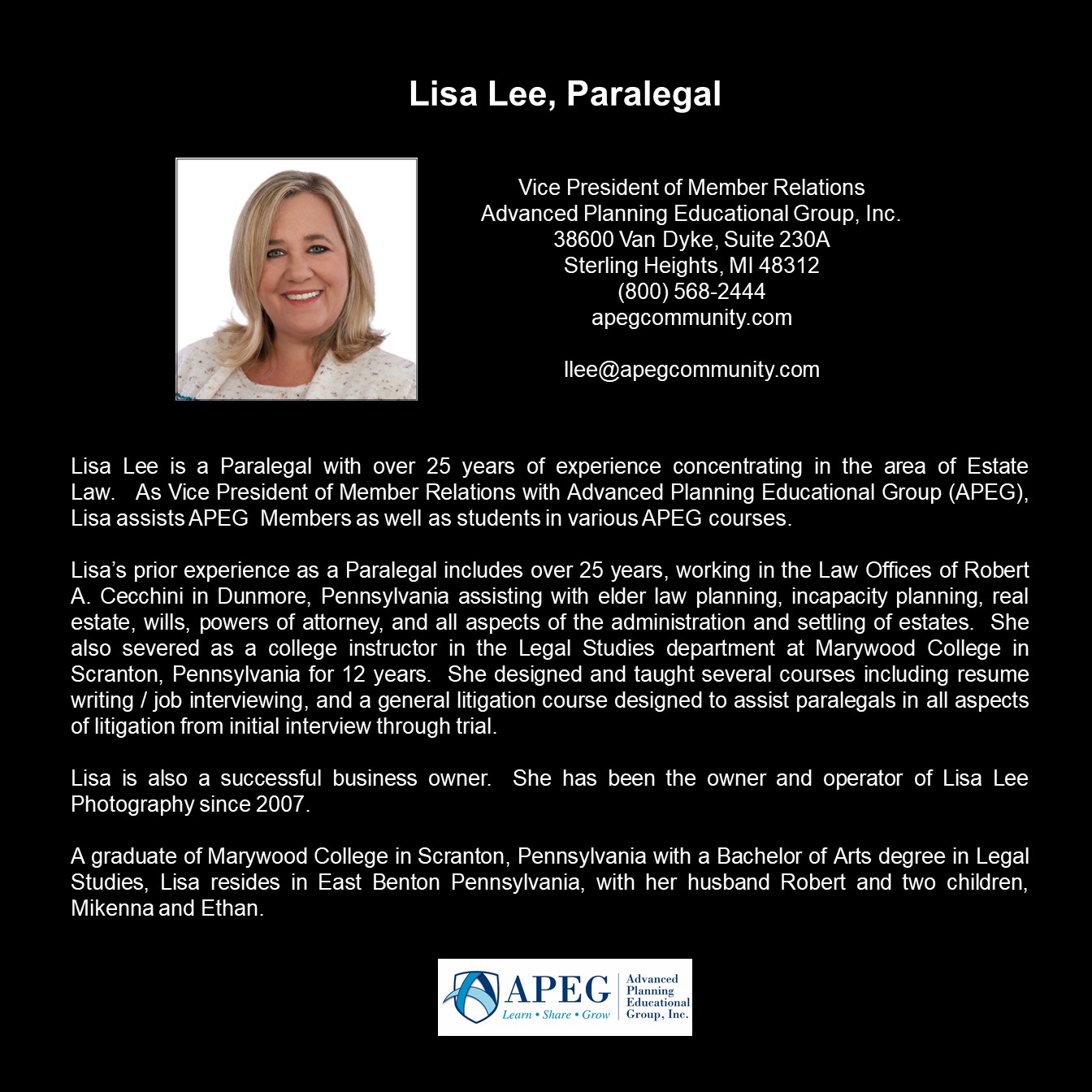 APEG Lisa Lee Biography