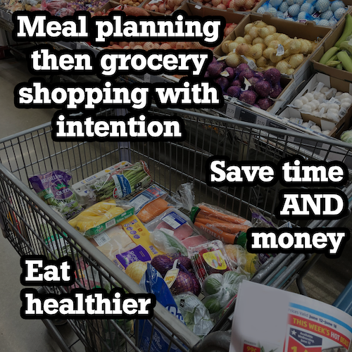 grocery shopping cart filled with healthy items with a text overlay