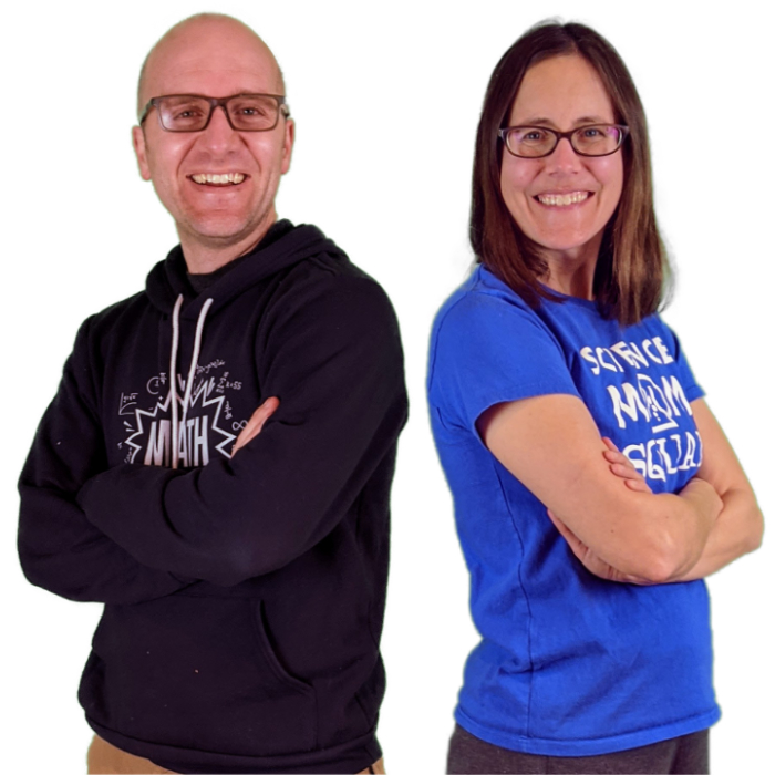 Math Dad and Science Mom smiling and standing back-to-back.