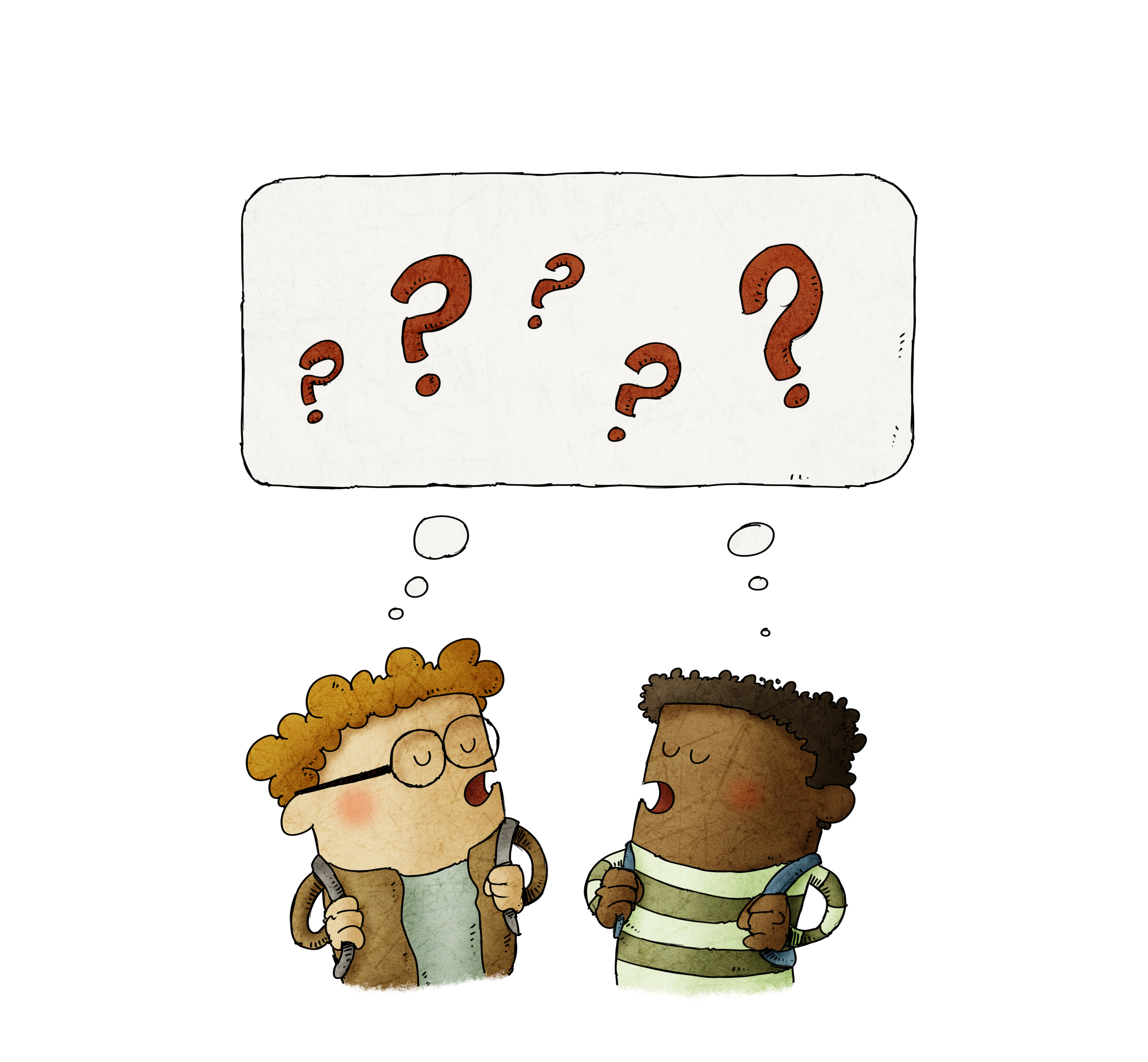cartoon people with question marks in a speech bubble above them