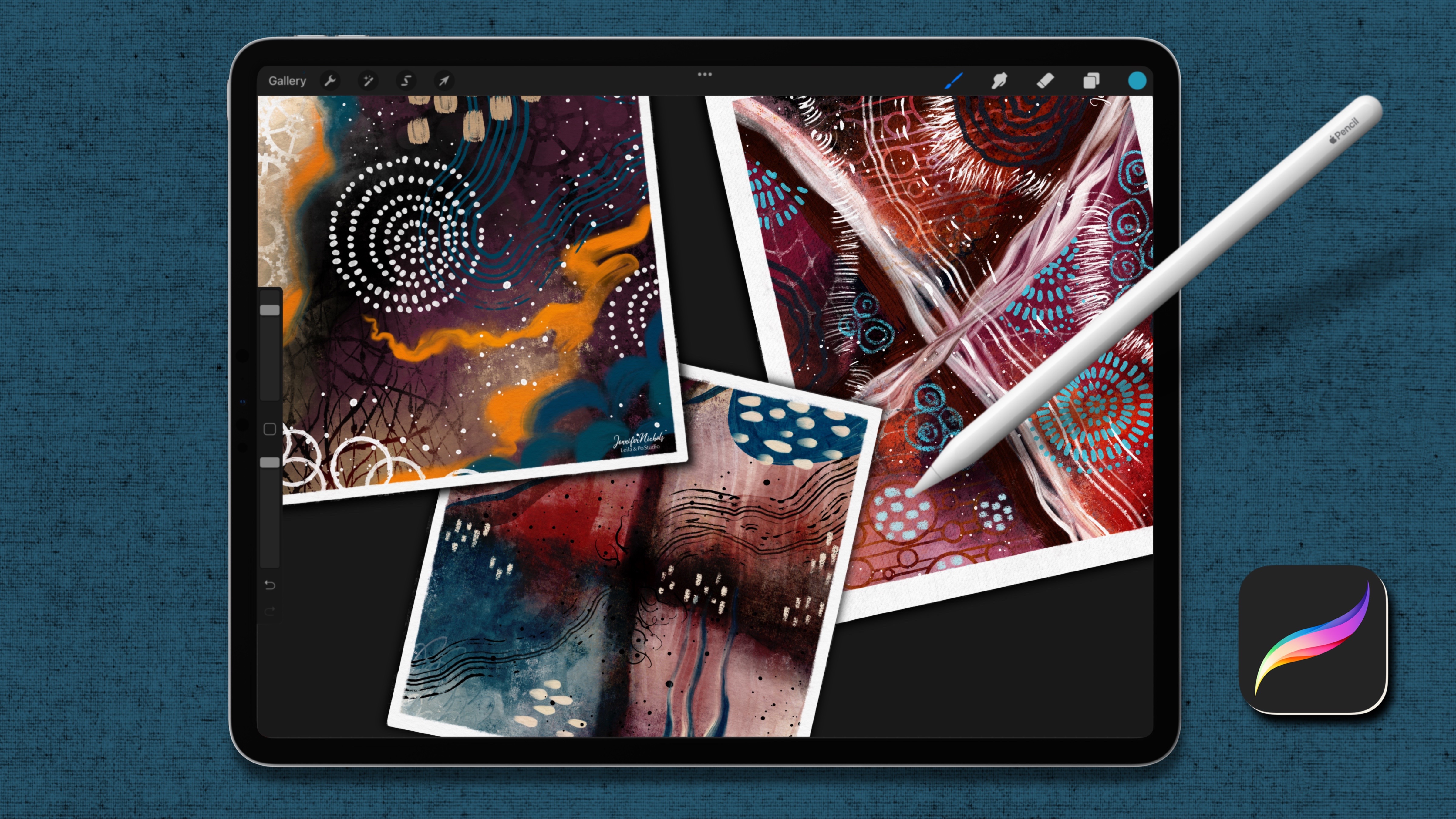 An Ipad displaying various abstract art pieces