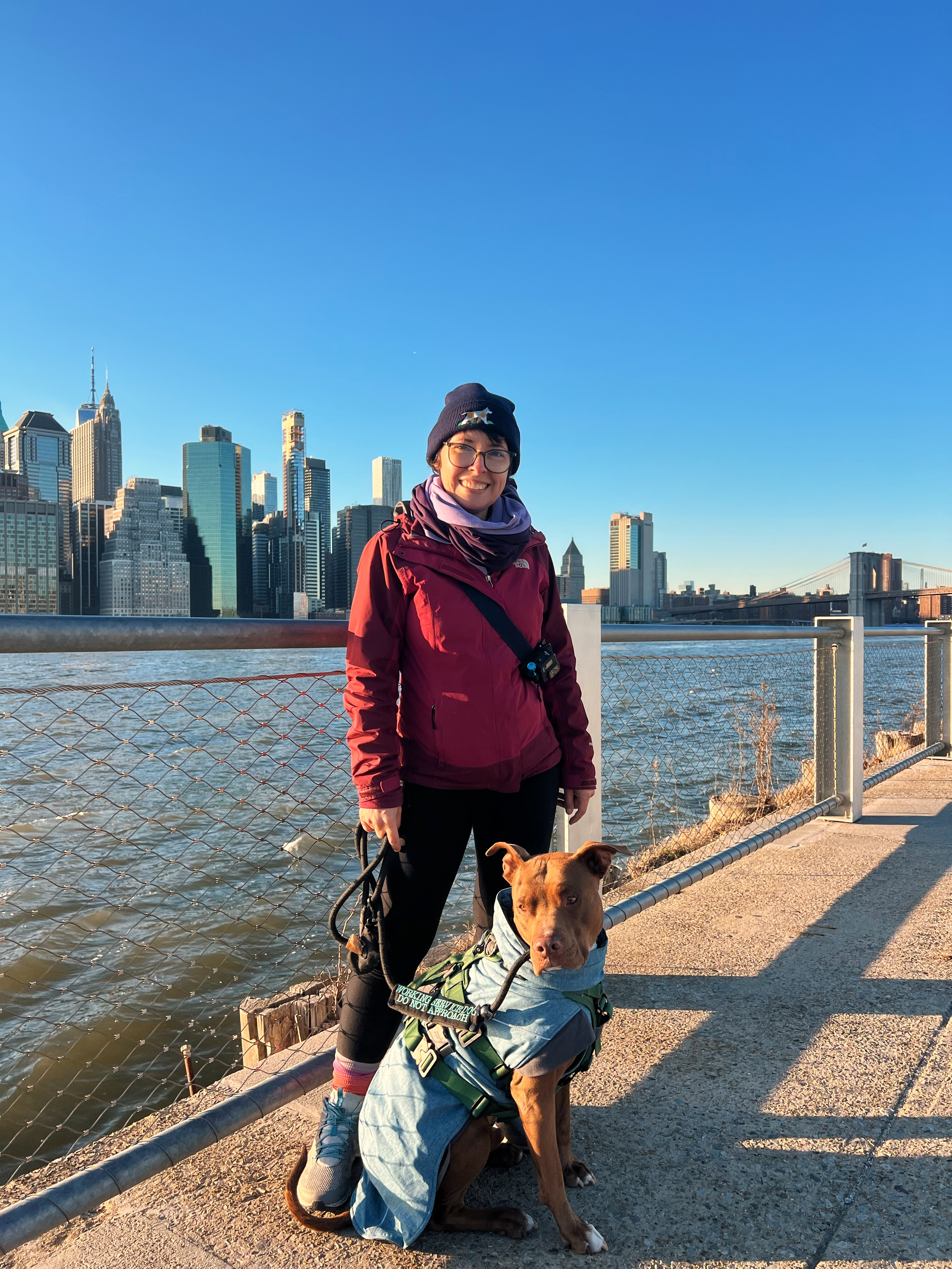 Nelly and her brown dog Yenko posing in front of Manhattan, New York