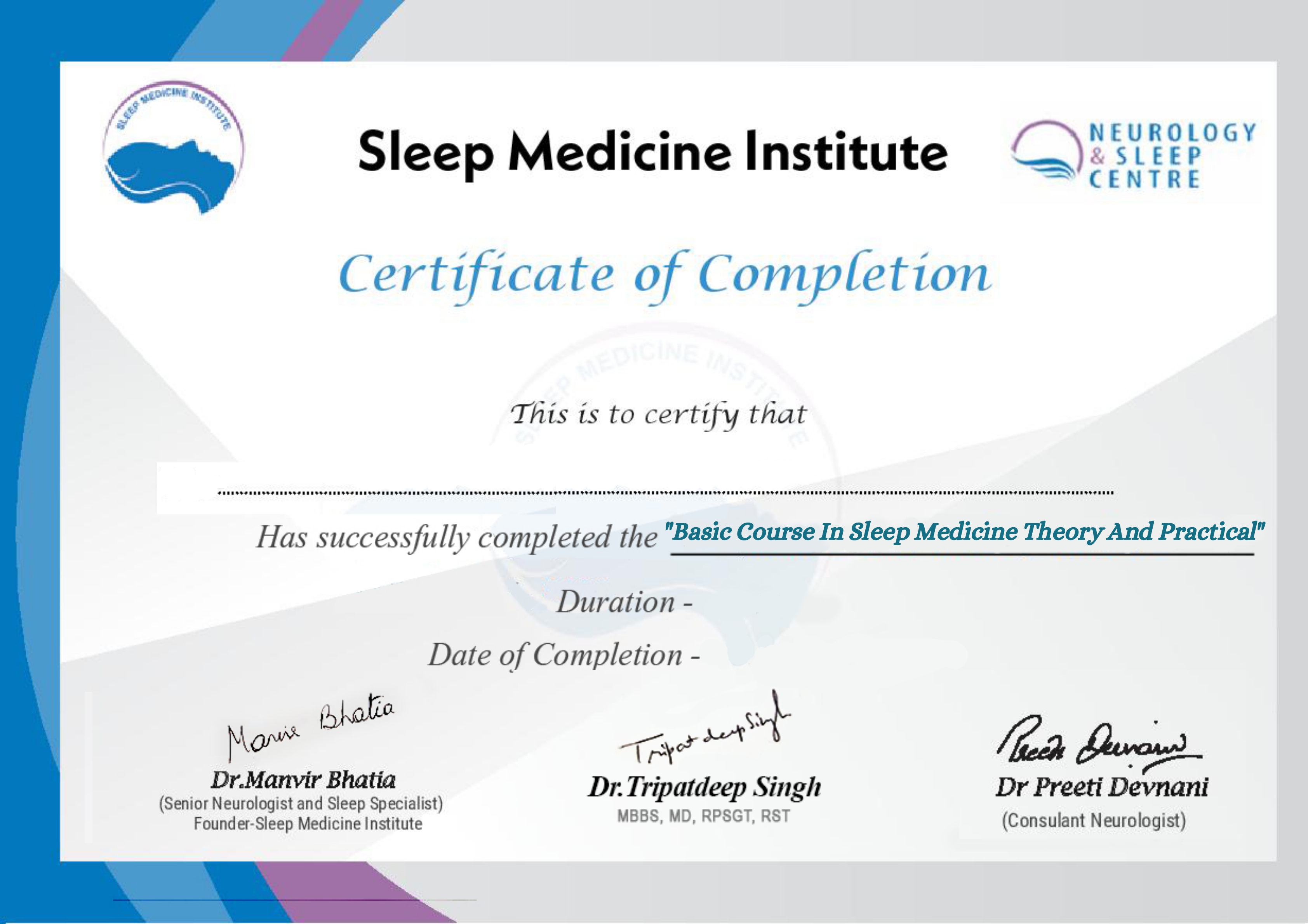 Certificate of Basic Course in Sleep Medicine