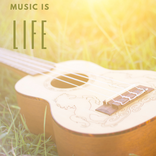 image of ukulele on grass with text music is life