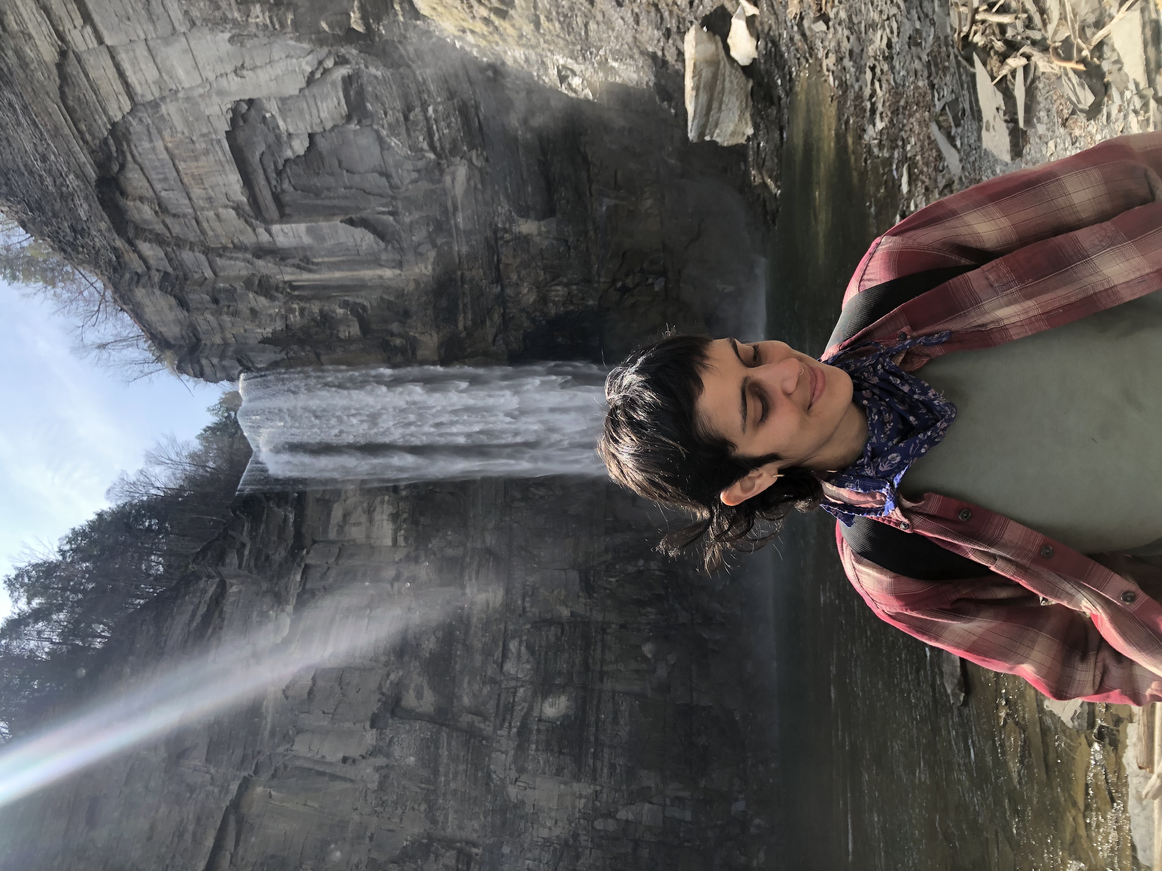 Brooke stands in front of a large waterfall in a plad shirt and a green sweatshirt. their hair blos in the wind and a sunbeam shines down from above the waterfall. 