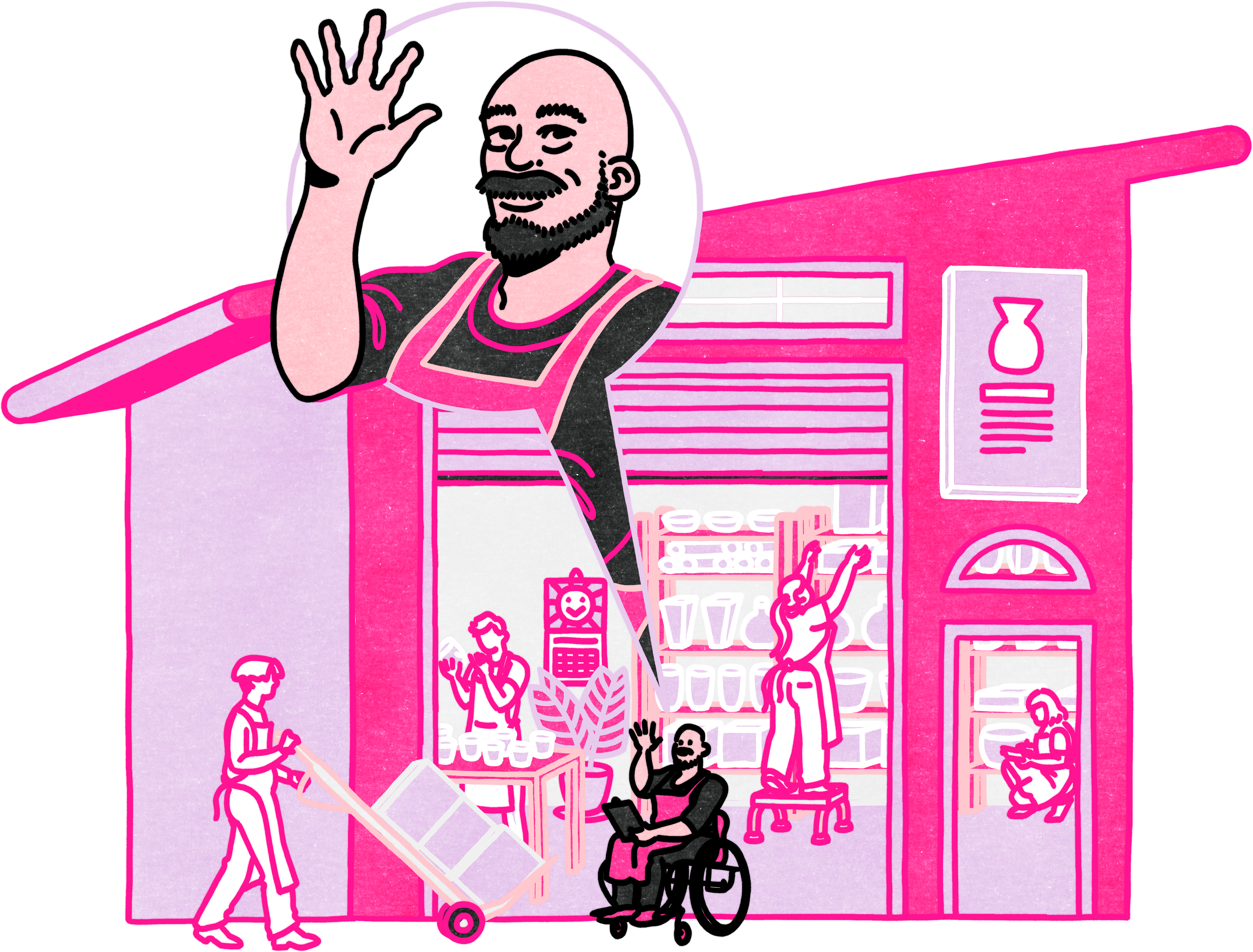 A graphic illustration in shades of pink and purple of a store selling craft wares. The people inside and outside of the store are working and shopping. The person in front in a wheelchair is smiling and waving.