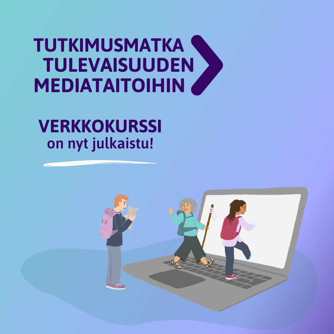 Digitaalinen piirroskuva, jossa kolme tutkimusmatkailijannäköistä ihmishahmoa on astumassa kannettavan tietokoneen ruudusta sisään. Lisäksi kuvassa on Tutkimusmatka tulevaisuuden mediataitoihin -logo ja teksti: &quot;Verkkokurssi on nyt julkaistu!&quot;.