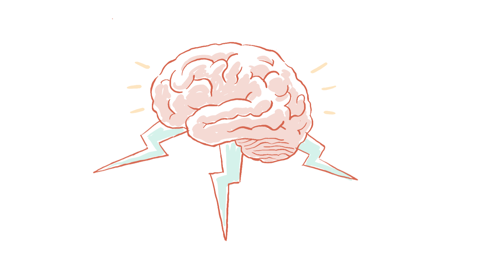 A brain with lighting bolts shooting out in three different directions