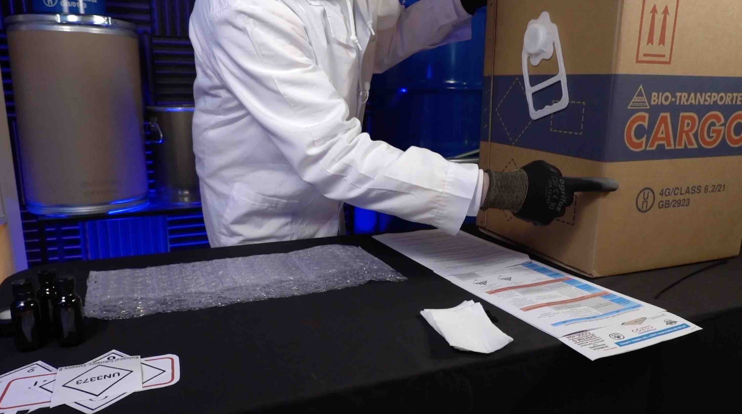 instructor using packaging for dry ice