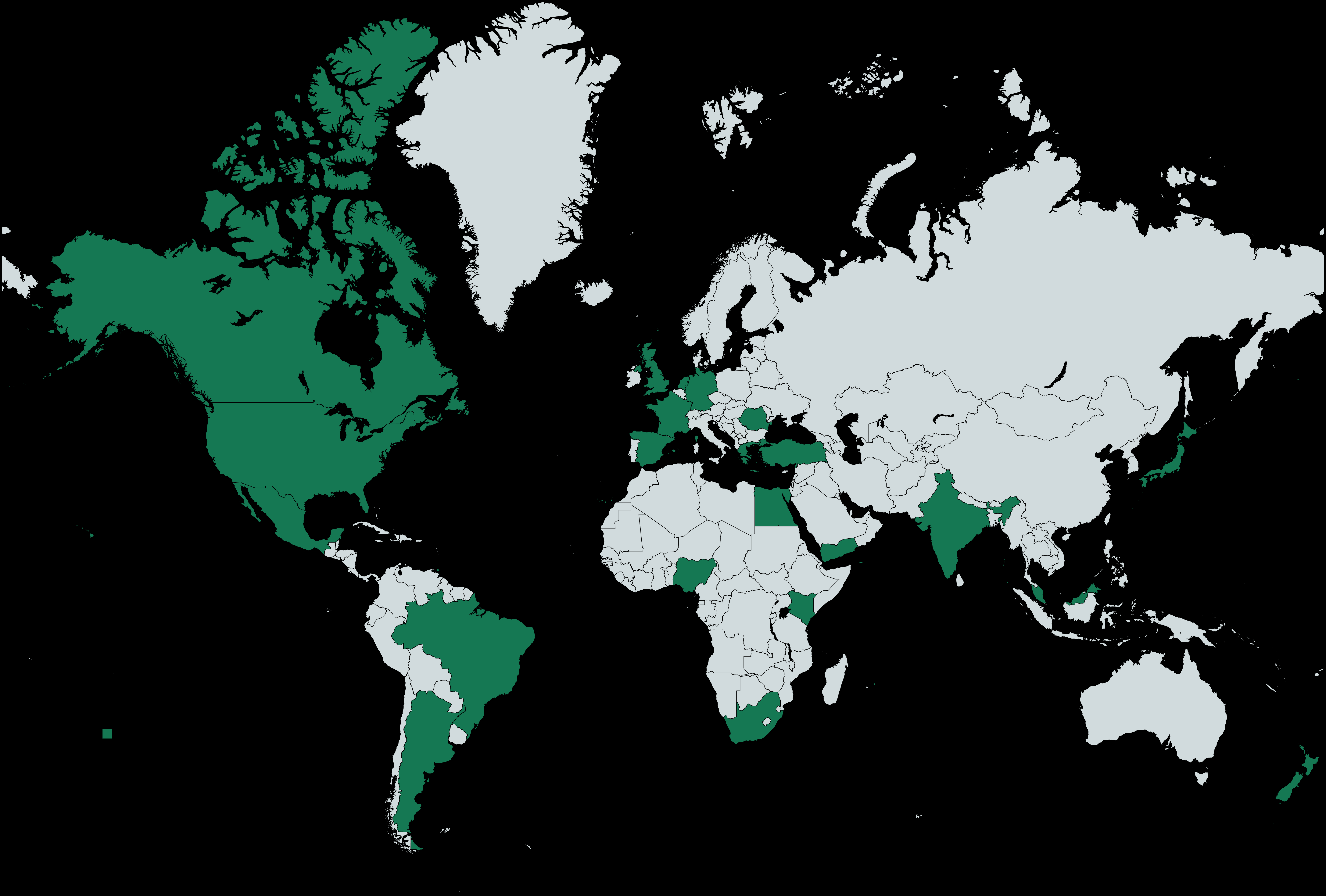 A map of the world (Mercator projection) with 26 countries filled in with green to represent participants in this training