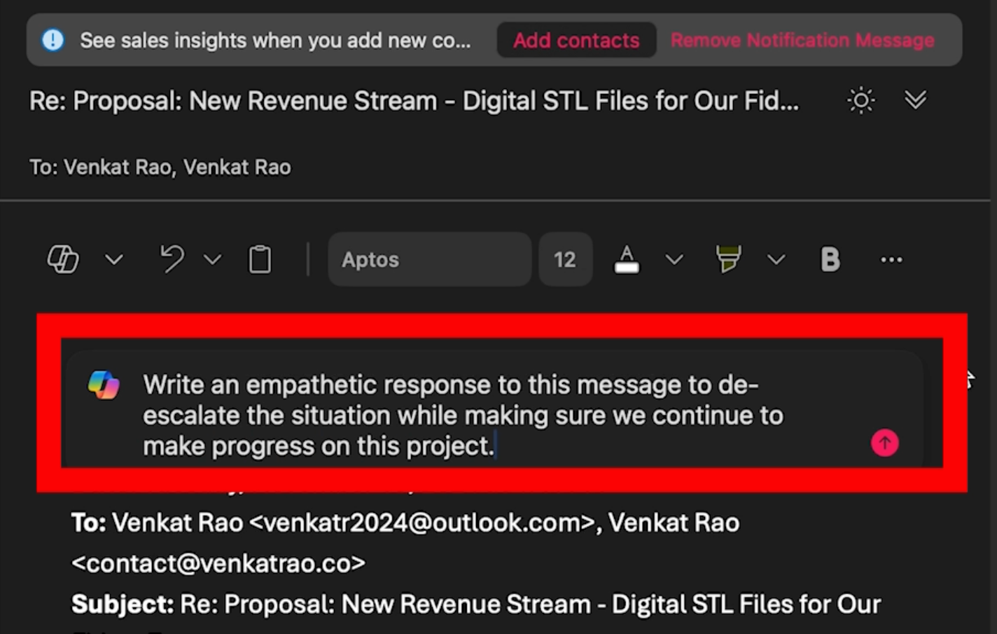 The image shows an email drafting interface with a Copilot prompt highlighted in red. The prompt reads: “Write an empathetic response to this message to de-escalate the situation while making sure we continue to make progress on this project.”  The email subject is “Re: Proposal: New Revenue Stream - Digital STL Files for Our Fidget Toys.”