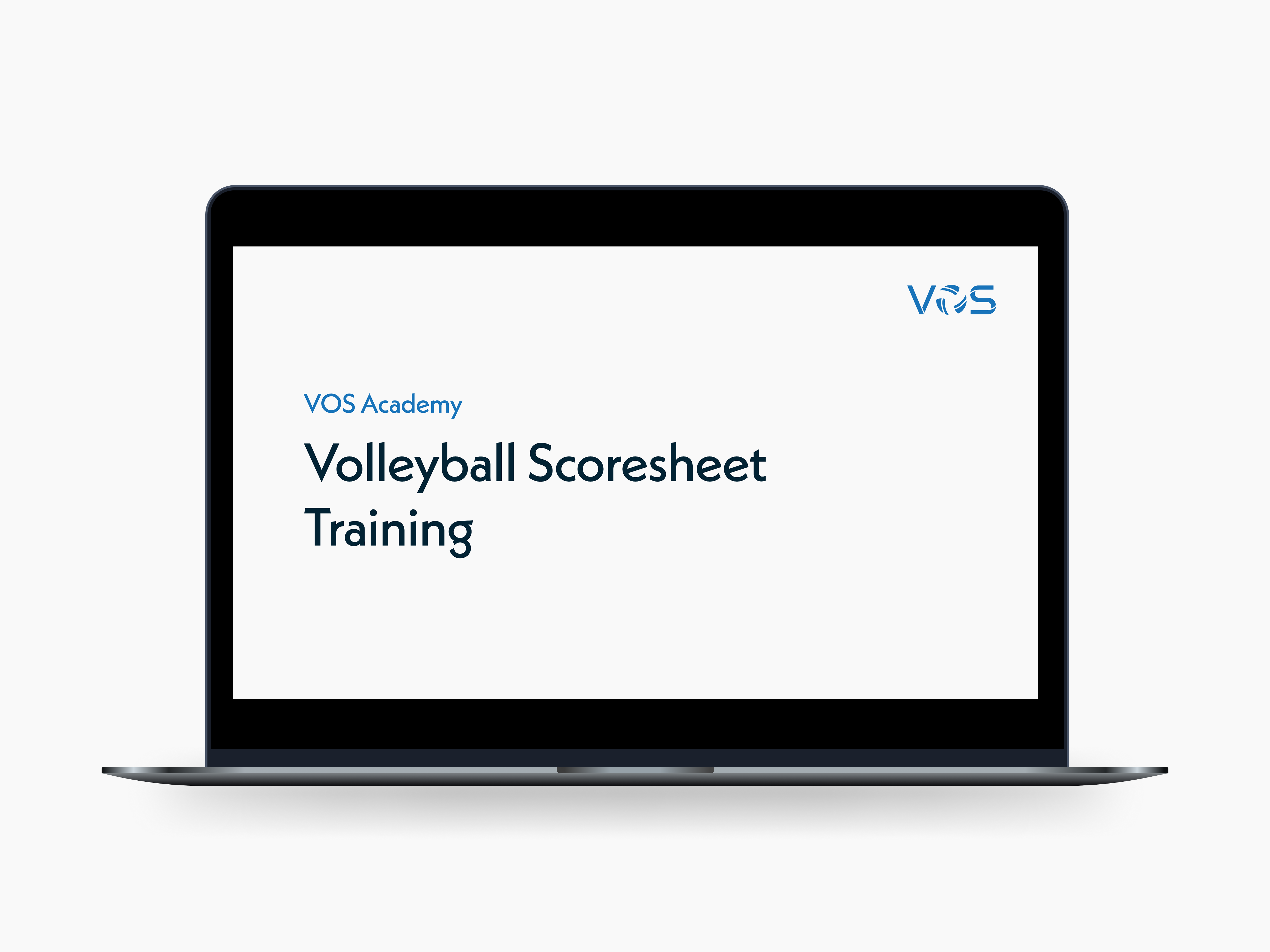 A laptop screen displaying the title slide of an online course. The screen reads “VOS Academy – Volleyball Scoresheet Training” in clean, modern typography. The VOS logo appears in the top right corner. The background is white with a minimal and professional design, emphasizing clarity and focus on the course name.