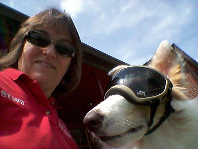 Deb and her blind Collie Vinny outside on a sunny day. Deb wears sunglasses, and Vinny wears sun protective dog goggles.