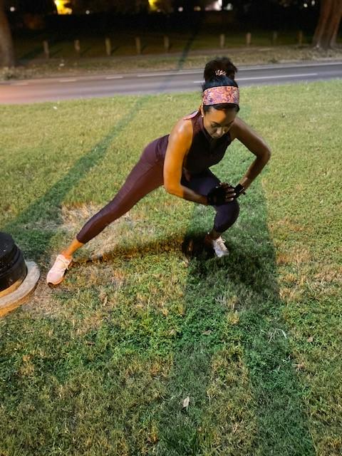 Photo of Darleene Peters stretching before exercise