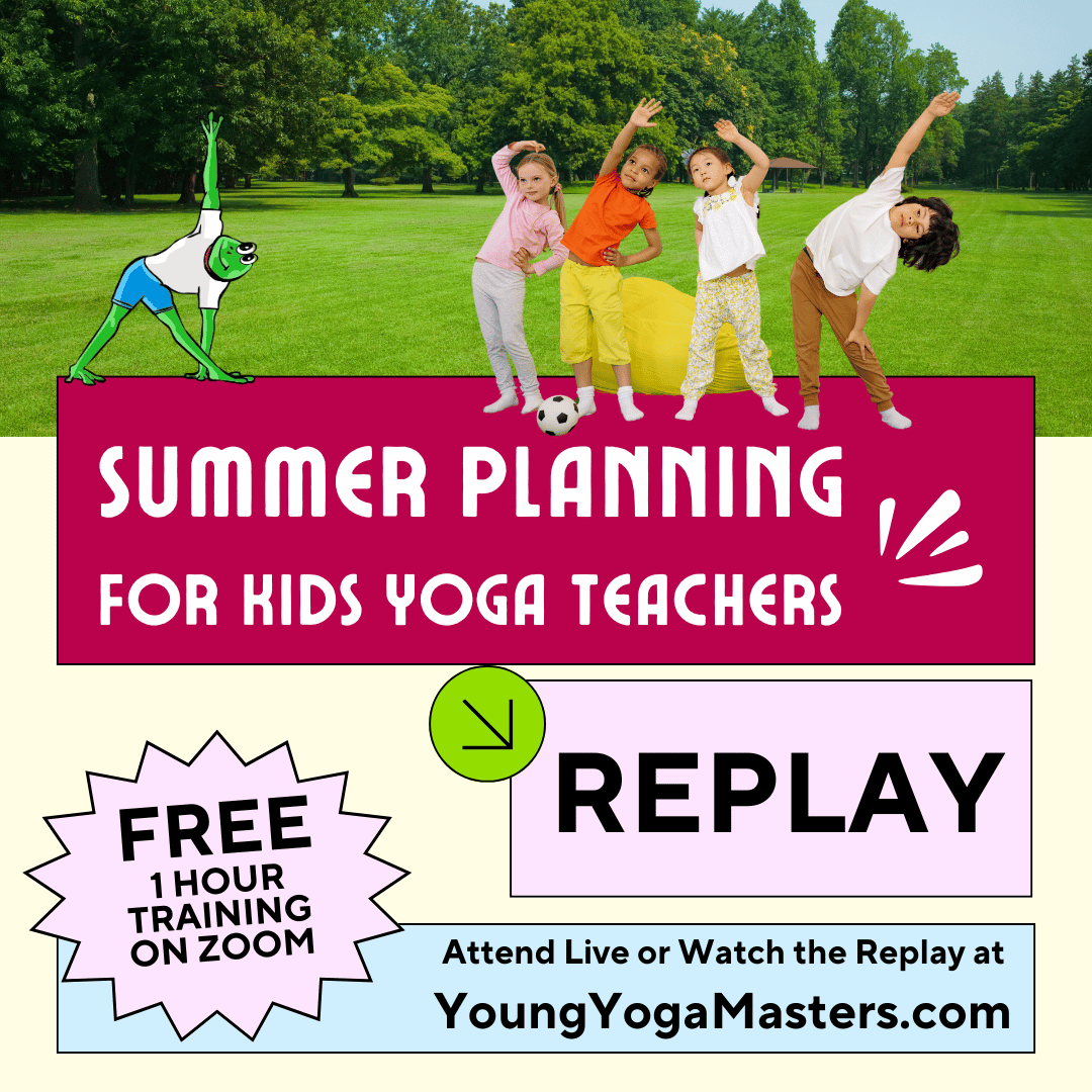 Decorative text with an image of 4 children and a cartoon frog doing a side body stretch