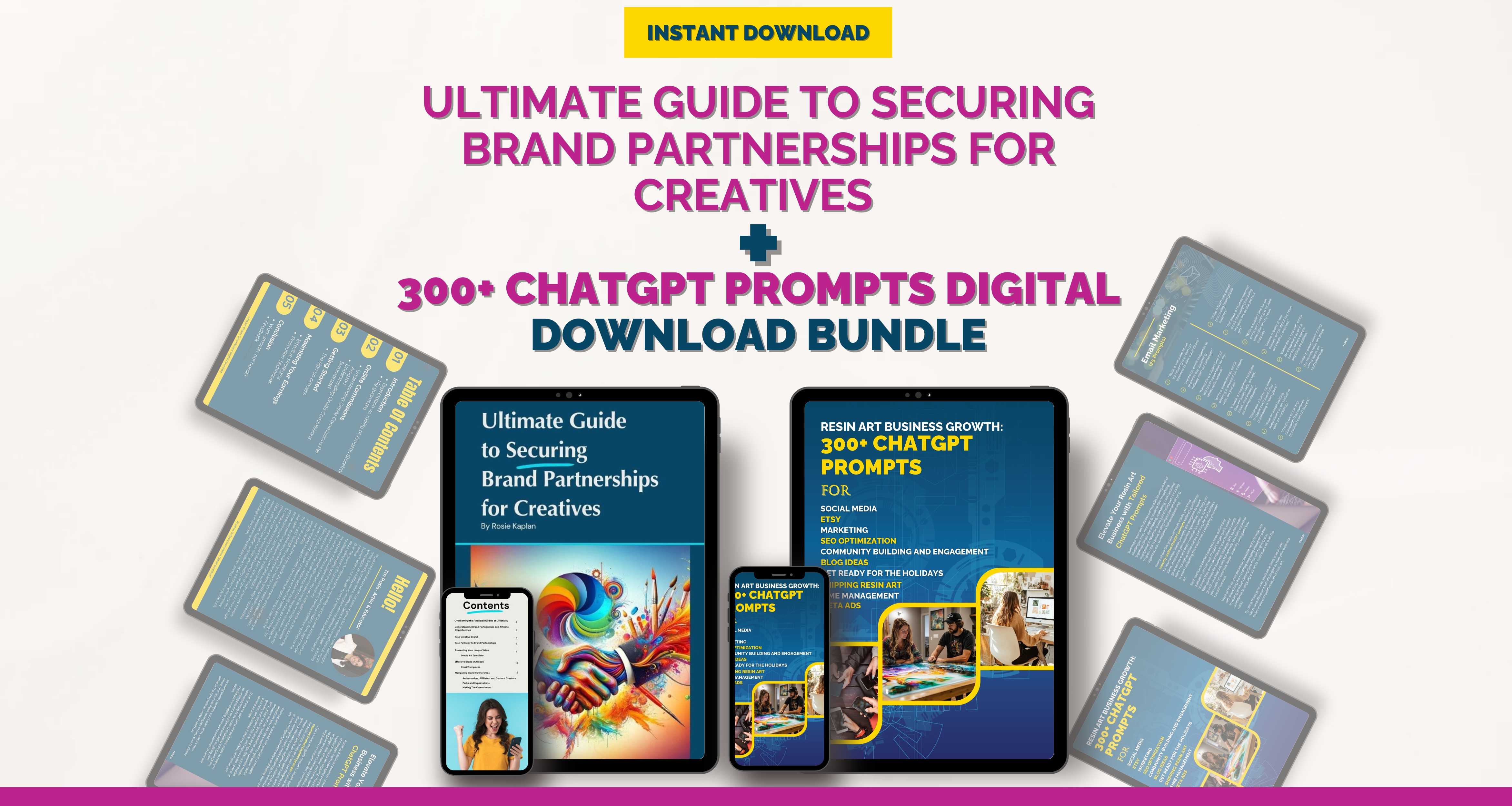 Digital product bundle featuring Ultimate Guide to Securing Brand Partnerships for Creatives and 300+ ChatGPT Prompts for Resin Art Business Growth. The image showcases multiple digital pages on tablets and mobile devices, emphasizing instant download availability for creatives looking to land brand deals and grow their business with AI-powered prompts.