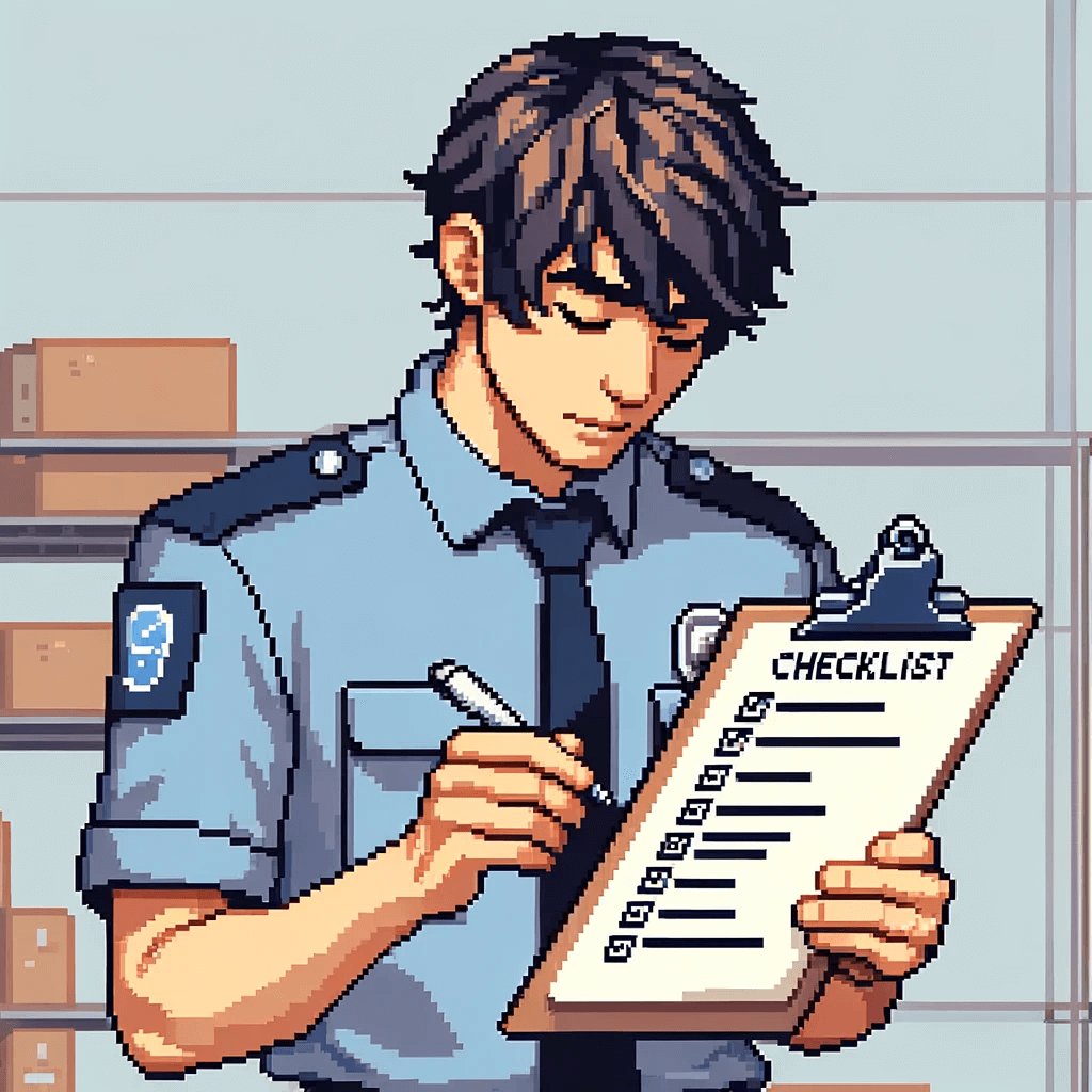 Un gardien complétant une checklist, pixel art