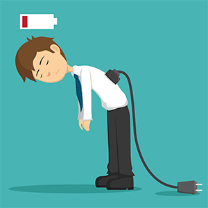 clipart of a businessman with a plug and extension cord in his back. A picture of an empty battery appears above his head. 