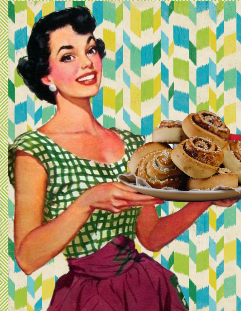 Retro housewife holding a tray of cinnamon buns