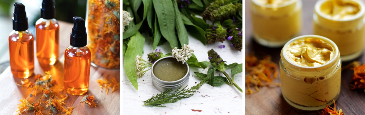 collage of three remedies including oils, salve, and creams