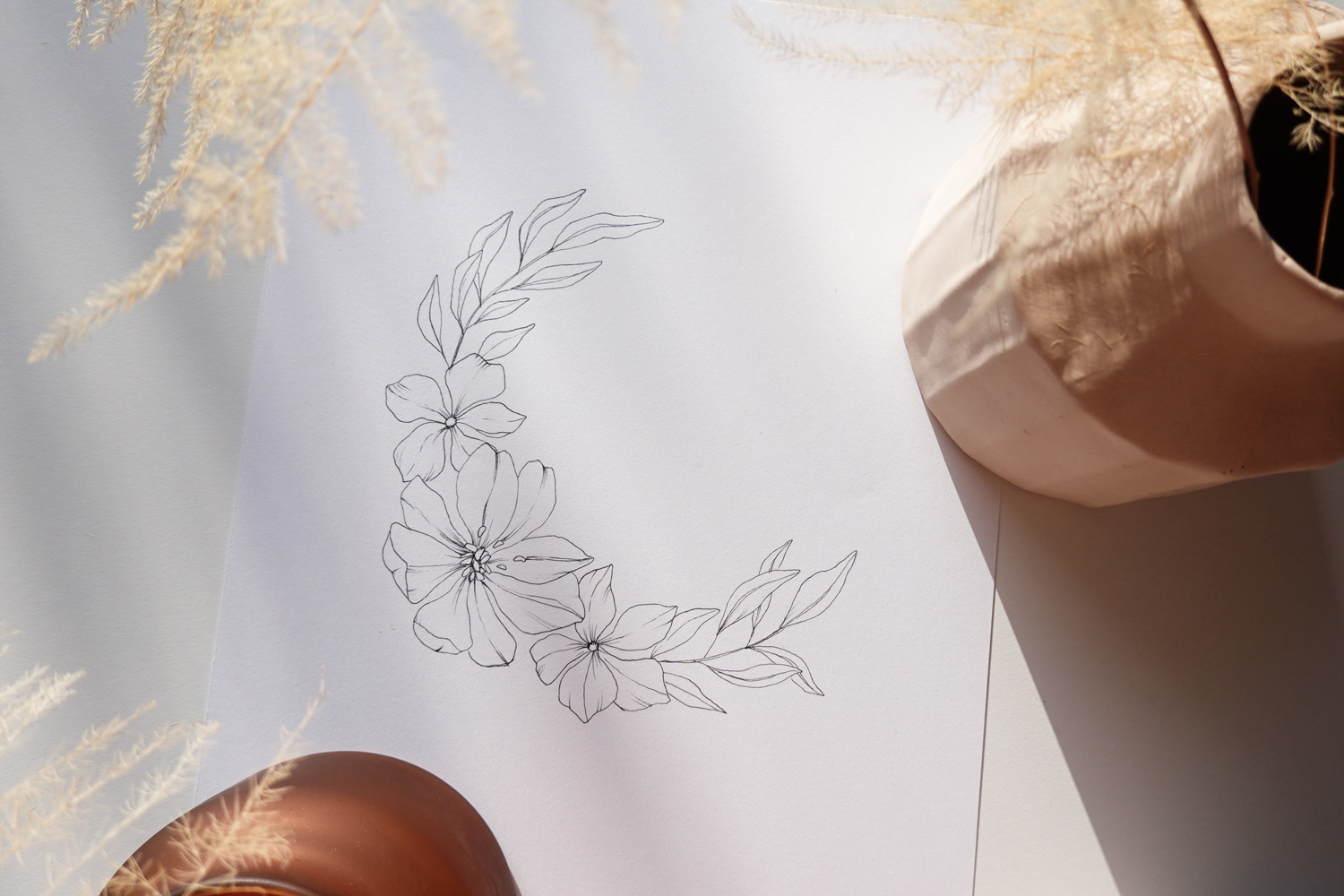 Floral moon wreath composition drawing course