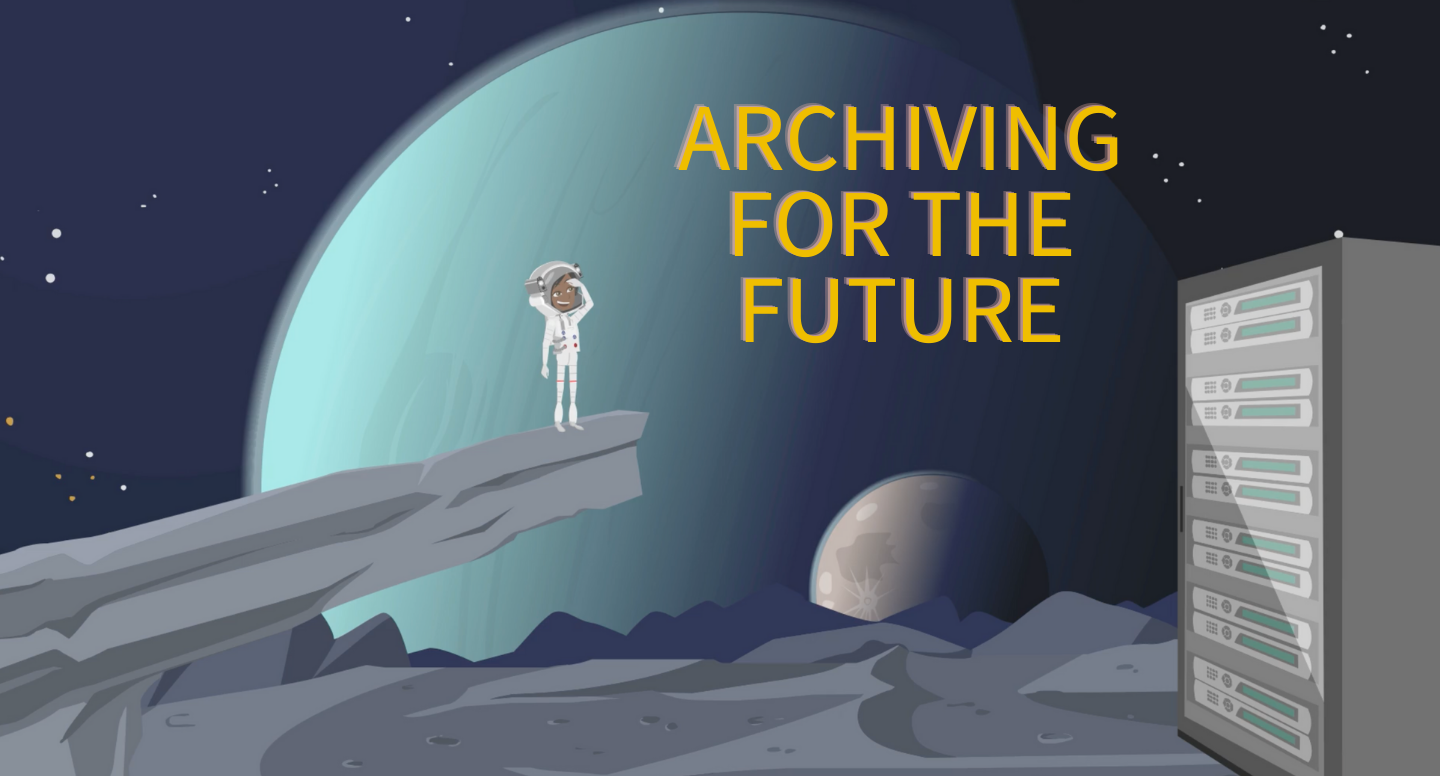 Cartoon drawing of an astronaut standing on a cliff looking at planets in the background. There is a computer server in the right side foreground.