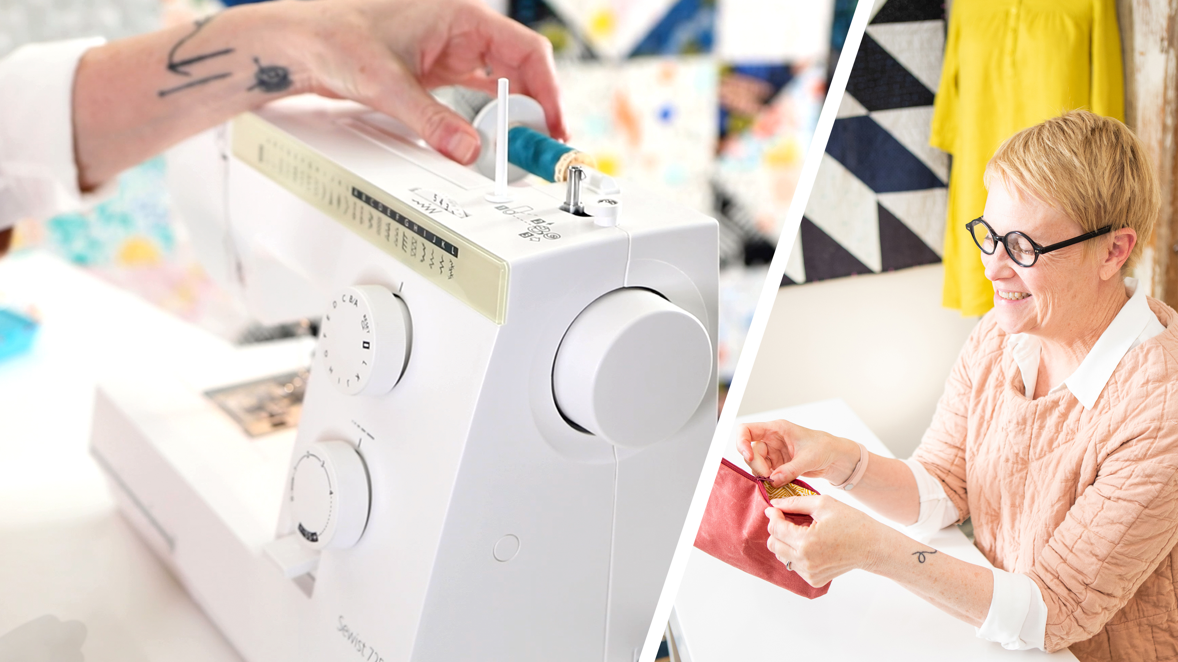 A header image of Christina and a close up of a sewing machine