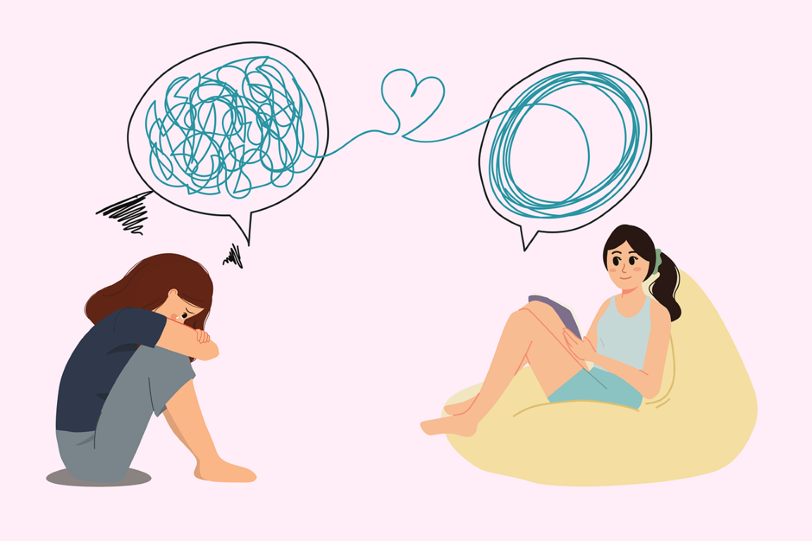 Two girls sitting down, one is crying with a bubble over her head with scribbles  and one is taking notes smiling and undoing the other girls scribbles