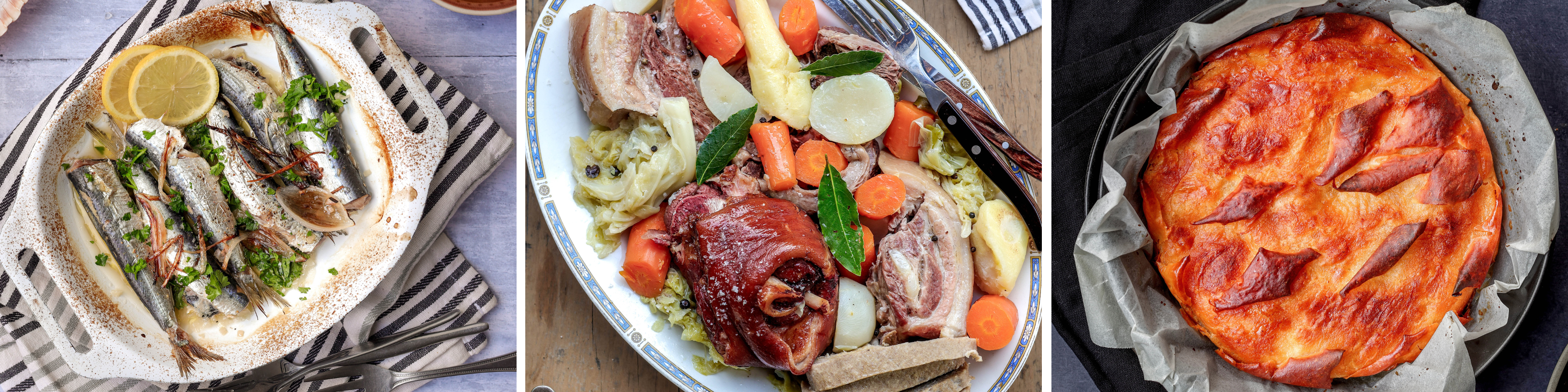 Brittany local specialties: sardine au plat, Kig Ha Farz, Kouign Amann