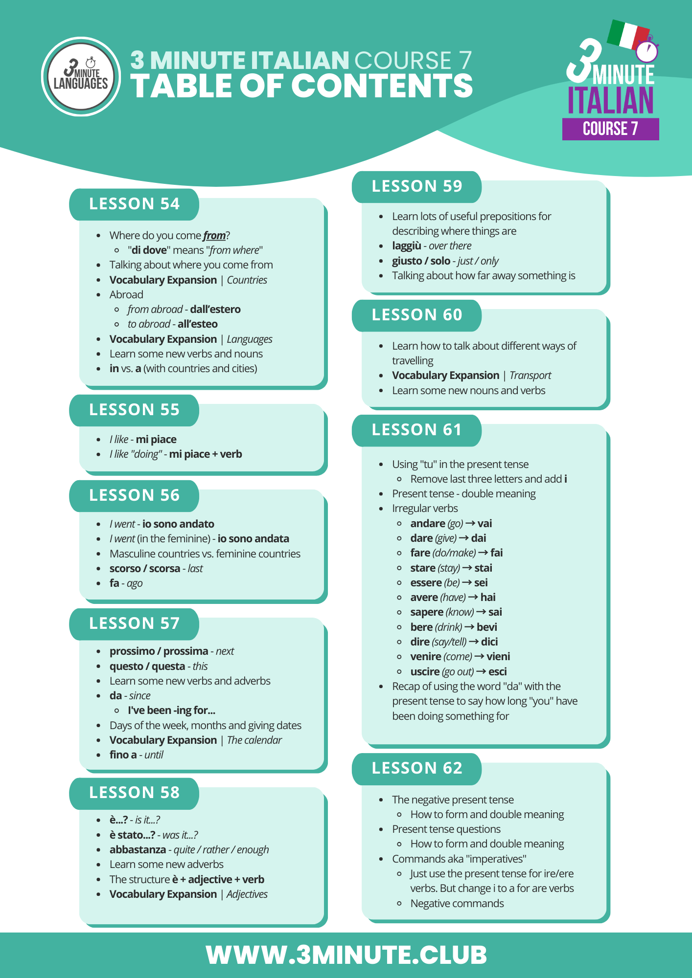 3 Minute Italian - Course 7 - Table of contents