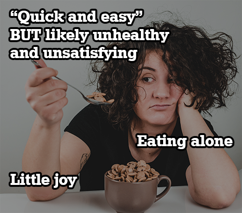 indifferent girl eating cereal alone with a text overlay